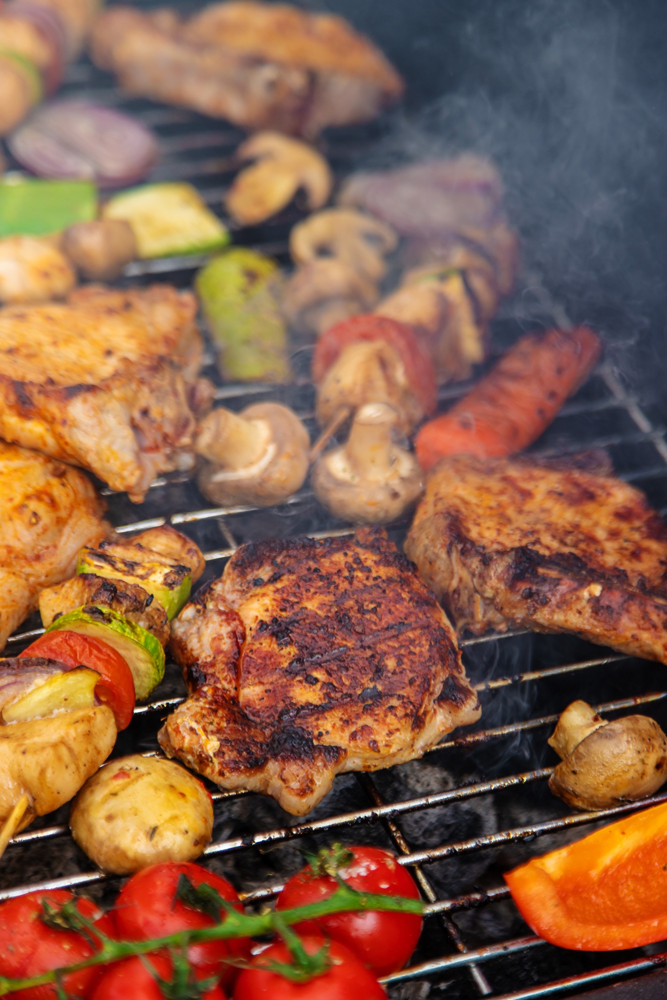 Vegetables and meat are grilled. Selective focus.
